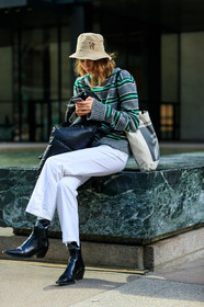 beige hat, black boots, black jacket, black shoes, denim pants, down jacket, graphic bag, graphic sweater, grey sweater, high heels, jeans, leather shoes, printed bag, printed sweater, striped sweater, tote bag, trousers, white denim, street style, jonathan paciullo, FW, frenchystyle, fashion week, NYFW, NEW YORK, AUTUMN WINTER 2018-2019, AW 18-19, FALL WINTER 2018-2019, FW 18-19, vertical, full length, model