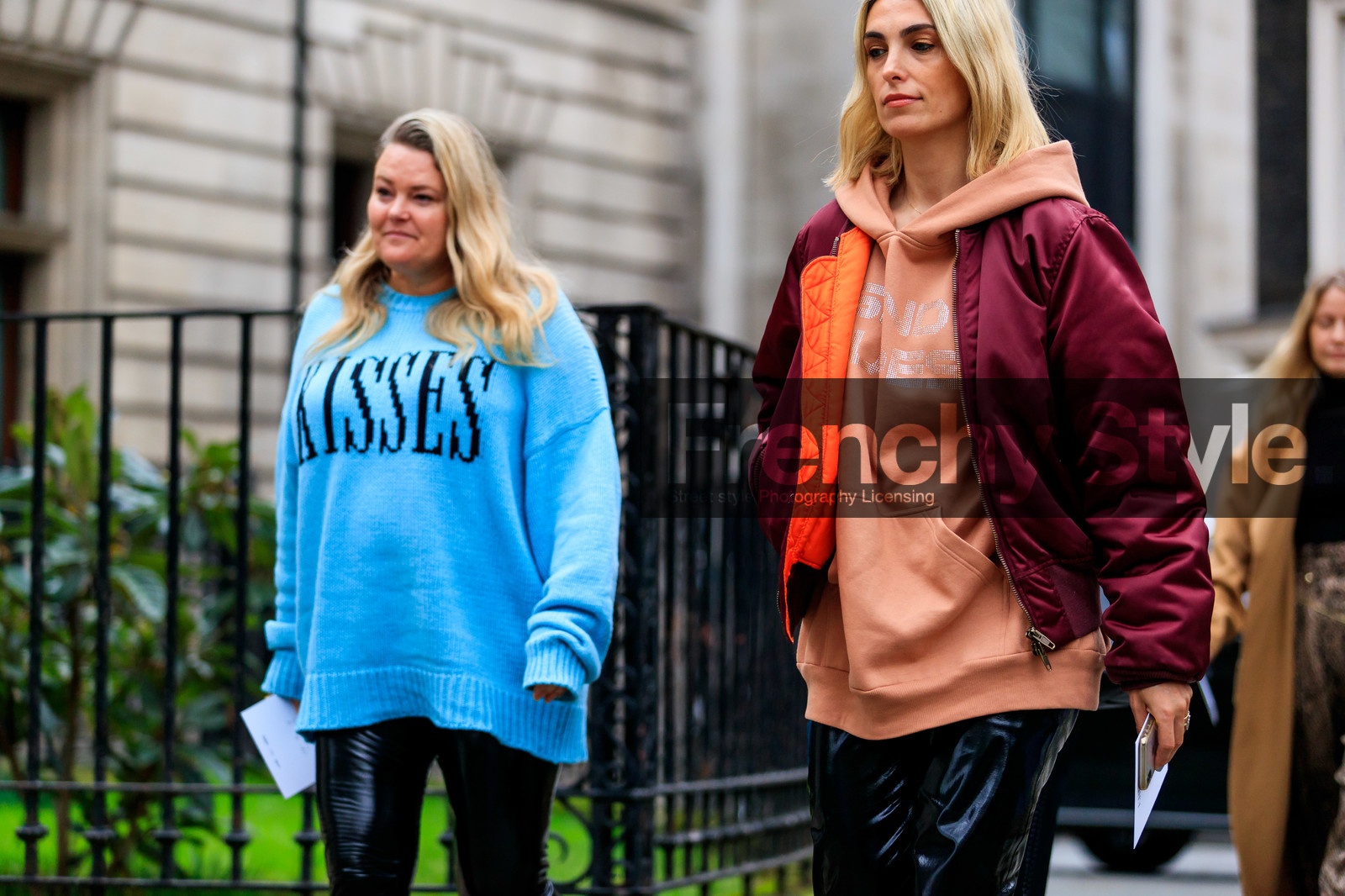 black pants, blue sweater, bomber jacket, bordeaux, burgundy, hoodie, leather pants, pink sweater, printed sweater, red jacket, trousers, LONDON, LFW, fashion week, frenchystyle, FW, jonathan paciullo, street style, AUTUMN WINTER 2019-2020, AW 19-20, FW 19-20, FALL WINTER 2019-2020, horizontal, atmosphere details, detail