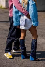back, back detail, bicolor, black sunglasses, blue jacket, chanel bag, crossbody bag, dark blue jeans, denim, Emili Sindlev, fur jacket, high boots, leather boots, leather jacket, lila bag, louis vuitton boots, Mads Emil Grove Moller, pastel, quilted bag, small bag, sunglasses, white skirt, white top, yellow sneakers, fashion week, frenchystyle, FW, jonathan paciullo, street style, MFW, MILAN, SPRING SUMMER 2022, SS 22, vertical, atmosphere details, detail