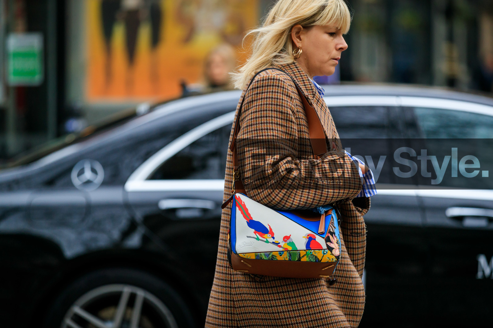 animal print, brown coat, checked, earrings, graphic bag, graphic jacket, leather bag, loewe, multicolor bag, plaid, printed bag, printed jacket, LONDON, LFW, fashion week, frenchystyle, FW, jonathan paciullo, street style, AUTUMN WINTER 2019-2020, AW 19-20, FW 19-20, FALL WINTER 2019-2020, horizontal, atmosphere details, detail
