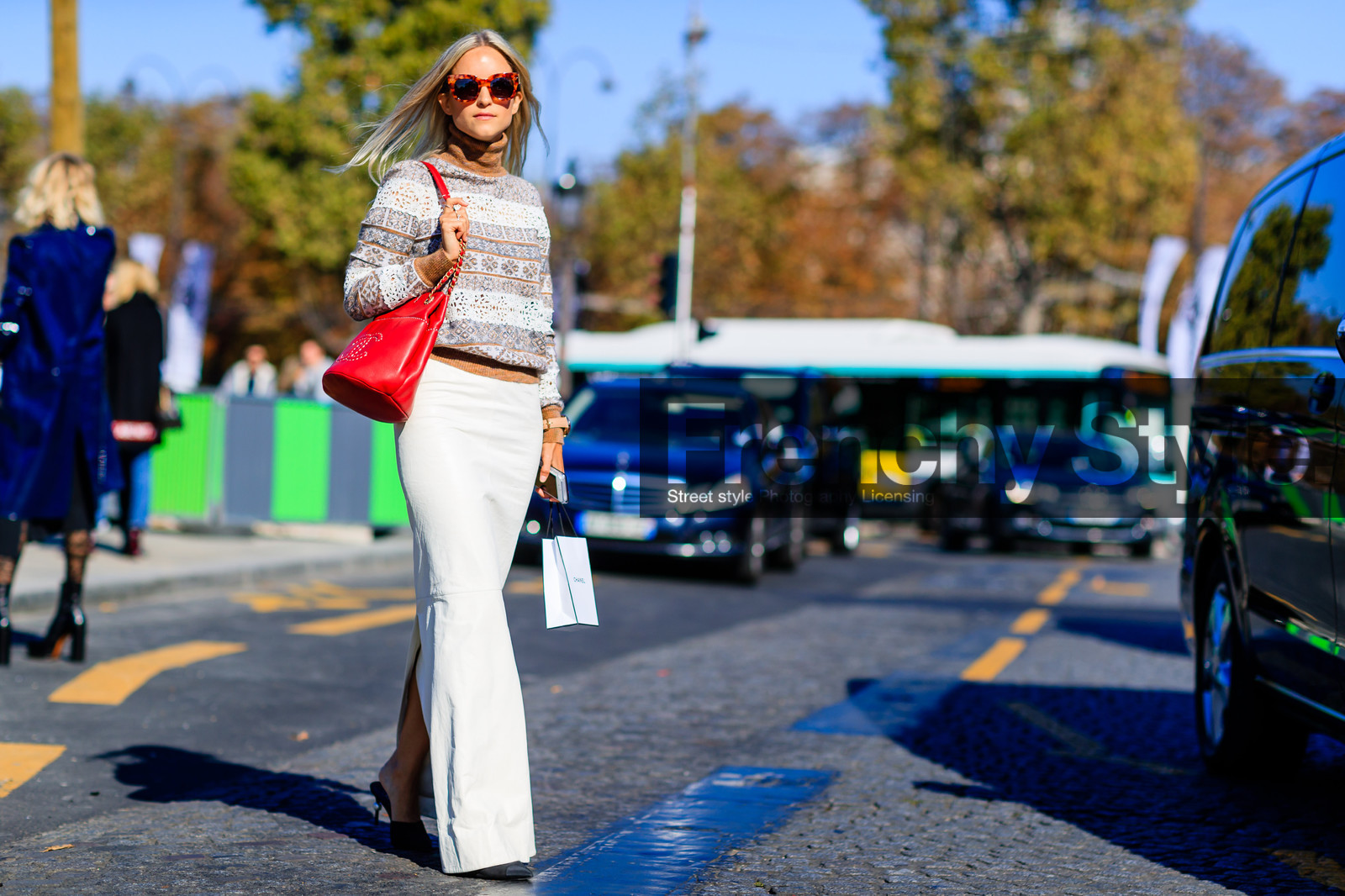 atmosphere details, brown sweater, chanel, Charlotte Groeneveld, fashion week, frenchystyle, full length, FW, horizontal, jonathan paciullo, leather bag, PARIS, PFW, printed sweater, red bag, SPRING SUMMER 2017, SS 17, street style, sunglasses, white skirt