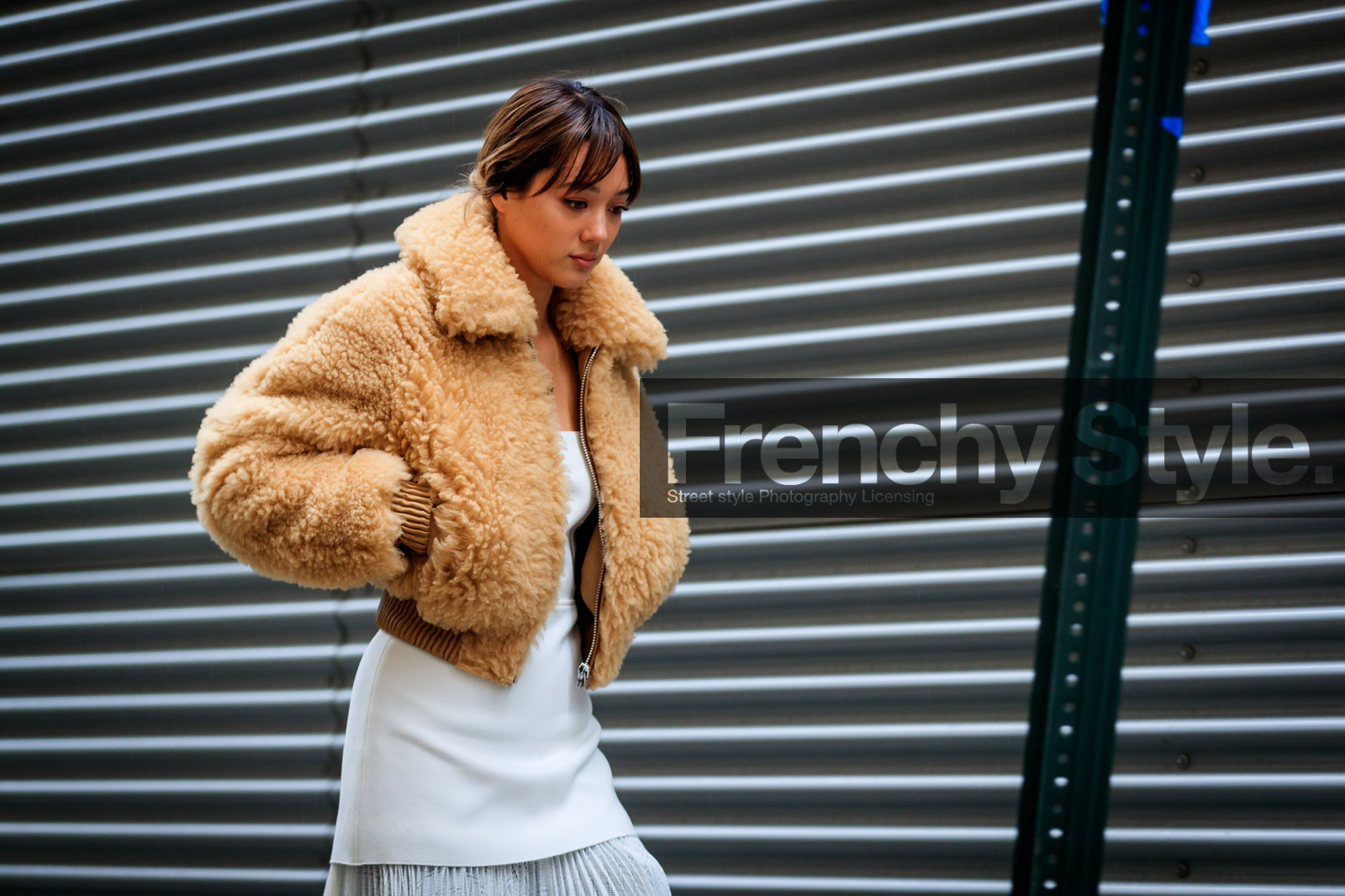 brown fur, bustier dress, camel jacket, fur jacket, white dress, street style, jonathan paciullo, FW, frenchystyle, fashion week, NYFW, NEW YORK, AUTUMN WINTER 2018-2019, AW 18-19, FALL WINTER 2018-2019, FW 18-19, atmosphere details, horizontal, detail, kim jones