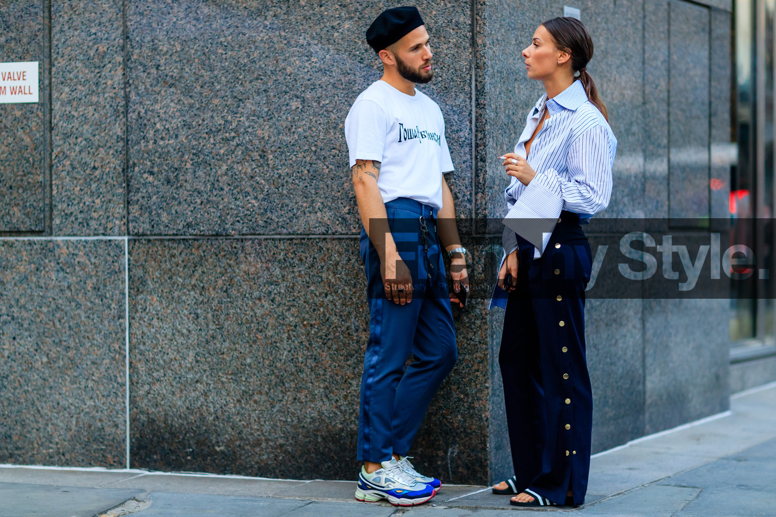adidas, Alice & Js, atmosphere details, beret, black hat, black sandals, blue pants, blue sneakers, detail, fashion week, frenchystyle, FW, geometric, golden details, graphic shirt, horizontal, jonathan paciullo, men shirt, NEW YORK, NYFW, printed t shirt, SPRING SUMMER 2017, SS 17, street style, striped shirt, trousers, white shirt, white t shirt, woman