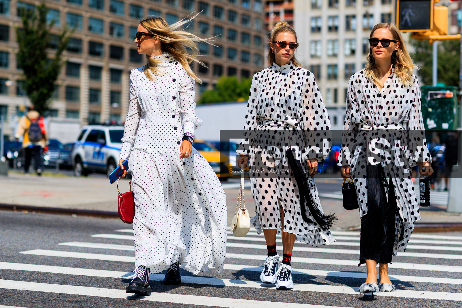 atmosphere details, black bag, black pants, black shoes, bracelet, Charlotte Groeneveld, courtney trop, fashion week, frenchystyle, full length, FW, graphic dress, horizontal, jessie bush, jonathan paciullo, leather bag, leather shoes, NEW YORK, NYFW, pleats, polka dot, printed dress, red bag, SPRING SUMMER 2018, SS 18, street style, sunglasses, trousers, white bag, white dress, white sneakers