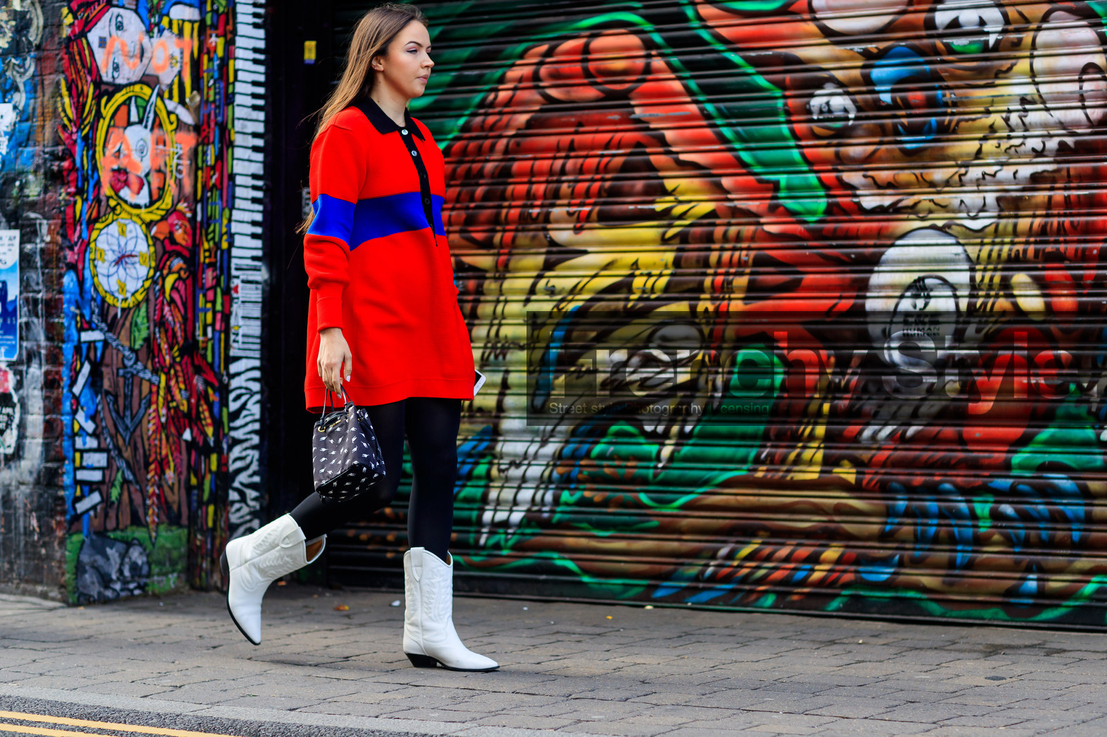 atmosphere details, black bag, black leggings, cowboy boots, fashion week, frenchystyle, full length, FW, graphic bag, horizontal, jonathan paciullo, leather bag, leather shoes, LFW, LONDON, printed bag, printed sweater, red sweater, SPRING SUMMER 2018, SS 18, street style, trousers, white boots