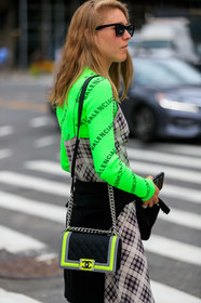 balenciaga, black bag, black sweater, chanel handbag, checked, graphic dress, graphic top, green top, grey dress, jessica minkoff, leather bag, monogram, plaid, printed dress, printed top, sunglasses, tied up sweater, street style, jonathan paciullo, FW, frenchystyle, fashion week, NEW YORK, NYFW, SPRING SUMMER 2020, SS 20, vertical, detail, atmosphere details