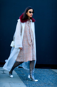 bordeaux, burgundy, chanel handbag, checked, fur collar, graphic jacket, high boots, leather bag, leather shoes, plaid, printed jacket, rain coat, silver bag, sunglasses, tartan, transparent shoes, white bag, white coat, street style, jonathan paciullo, FW, frenchystyle, fashion week, LFW, LONDON, AUTUMN WINTER 2018-2019, AW 18-19, FALL WINTER 2018-2019, FW 18-19, vertical, full length