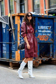 black bag, bordeaux, burgundy, gucci, high boots, high heels, leather bag, leather dress, leather shoes, red dress, sunglasses, white shoes, street style, jonathan paciullo, FW, frenchystyle, fashion week, NEW YORK, NYFW, SPRING SUMMER 2020, SS 20, vertical, full length
