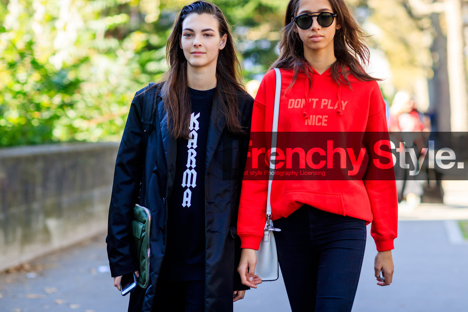 atmosphere details, black coat, black sweater, detail, fashion week, frenchystyle, FW, hoodie, horizontal, jonathan paciullo, leather bag, message, model, PARIS, PFW, printed sweater, red sweater, SPRING SUMMER 2017, SS 17, street style, sunglasses, trousers, vittoria cerretti, yasmine wijnaldum