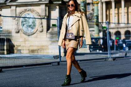 aimee song, atmosphere details, beige jacket, beige skirt, brown bag, detail, fashion week, frenchystyle, FW, green boots, high heels, horizontal, jonathan paciullo, leather bag, leather jacket, leather perfecto, leather shoes, louis vuitton, monogram, PARIS, PFW, printed bag, SPRING SUMMER 2017, SS 17, street style, sunglasses