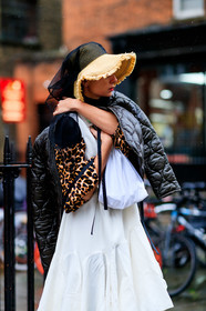 black jacket, bomber jacket, eva geraldine fontanelli, jw anderson, leather bag, over the shoulder, straw hat, white dress, LONDON, LFW, fashion week, frenchystyle, FW, jonathan paciullo, street style, AUTUMN WINTER 2019-2020, AW 19-20, FW 19-20, FALL WINTER 2019-2020, vertical, atmosphere details, detail