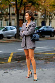 sylvia haghjoo, checked jacket, checked shorts, checked suits, black top, black leather bag, black polish bag, saint laurent bag, shoulder bag, quilted bag, silvered sandals, high heels sandals, fashion week, frenchystyle, FW, jonathan paciullo, street style, SPRING SUMMER 2020, SS 20, PFW, PARIS, vertical, full length