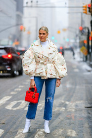 blue denim, christian dior, denim pants, earrings, embroidered jacket, floral, flowers, graphic jacket, high heels, jeans, leather bag, leather shoes, printed jacket, red bag, sarah ellen, trousers, turtleneck sweater, white jacket, white sweater, street style, jonathan paciullo, frenchystyle, NYFW, NEW YORK, AUTUMN WINTER 2019-2020, AW 19-20, FALL WINTER 2019-2020, FW 19-20, fashion week, FW, vertical, full length