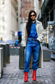 beige coat, blue denim, denim pants, denim shirt, doina ciobanu, high heels, jeans, leather shoes, red boots, sunglasses, trousers, xenia adonts, street style, jonathan paciullo, frenchystyle, NYFW, NEW YORK, AUTUMN WINTER 2019-2020, AW 19-20, FALL WINTER 2019-2020, FW 19-20, fashion week, FW, vertical, full length