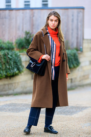 black bag, black shoes, blue jacket, brown coat, graphic pants, gucci, leather bag, leather shoes, navy pant, printed jacket, printed pants, red sweater, striped jacket, trousers, street style, jonathan paciullo, FW, frenchystyle, fashion week, LFW, LONDON, AUTUMN WINTER 2018-2019, AW 18-19, FALL WINTER 2018-2019, FW 18-19, vertical, full length