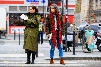 black shoes, blue denim, brown boots, checked, denim pants, down jacket, fur collar, green coat, green jacket, jeans, leather shoes, plaid, red scarf, tartan, trousers, white sweater, fashion week, frenchystyle, FW, jonathan paciullo, street style, PFW, PARIS, AUTUMN WINTER 2018-2019, FALL WINTER 2018-2019, FW 18-19, horizontal, atmosphere details, full length