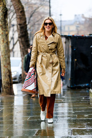beige coat, brown pants, corduroy, graphic bag, high heels, leather bag, leather shoes, printed bag, striped bag, sunglasses, trench coat, trousers, white shoes, street style, jonathan paciullo, FW, frenchystyle, fashion week, LFW, LONDON, AUTUMN WINTER 2018-2019, AW 18-19, FALL WINTER 2018-2019, FW 18-19, vertical, full length, camille charriere