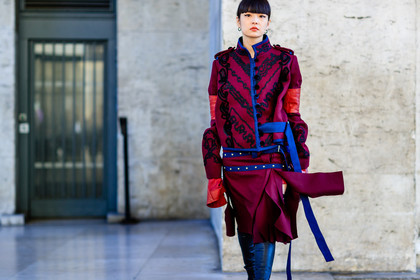 atmosphere details, black boots, bordeaux, burgundy, detail, embroidered jacket, embroideries, fashion week, frenchystyle, FW, high boots, horizontal, jonathan paciullo, kozue akimoto, PARIS, PFW, red jacket, red skirt, sacai, SPRING SUMMER 2017, SS 17, street style