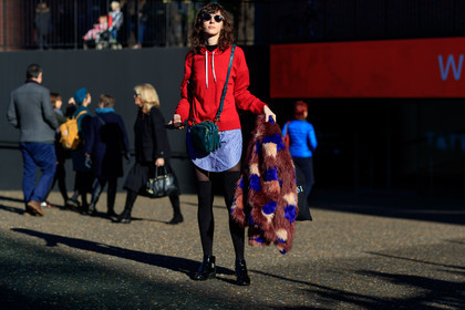 black shoes, black socks, blue shirt, bordeaux, burgundy, Fur coat, graphic jacket, green bag, hoodie, leather bag, leather shoes, printed jacket, red fur, red sweater, striped shirt, sunglasses, tights, street style, jonathan paciullo, FW, frenchystyle, fashion week, LFW, LONDON, AUTUMN WINTER 2018-2019, AW 18-19, FALL WINTER 2018-2019, FW 18-19, horizontal, atmosphere details, full length, model