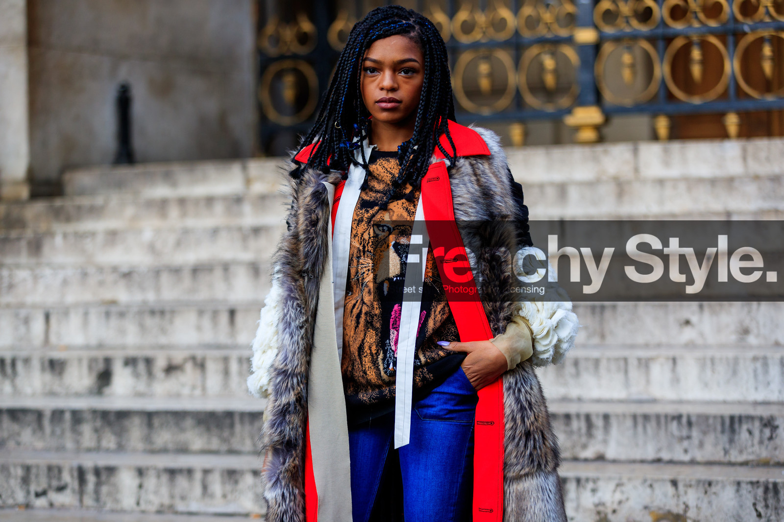animal print, blue denim, braids, denim pants, Fur coat, graphic jacket, jeans, natural fur, printed jacket, printed sweater, trousers, street style, jonathan paciullo, FW, frenchystyle, fashion week, PFW, PARIS, AUTUMN WINTER 2018-2019, FALL WINTER 2018-2019, FW 18-19, horizontal, atmosphere details, selah marley