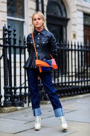 black jacket, blue denim, denim pants, graphic bag, high heels, jeans, leather bag, leather jacket, leather shoes, multicolor bag, pink sweater, printed bag, trousers, white boots, street style, jonathan paciullo, FW, frenchystyle, fashion week, LFW, LONDON, AUTUMN WINTER 2018-2019, AW 18-19, FALL WINTER 2018-2019, FW 18-19, vertical, full length