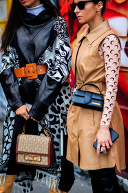 julia comil, gabriella berdugo, beige leather jacket, sleeveless jacket, nude top, monogrammed top, marine serre top, black leather bag, crossbody phone, jacquemus bag, black sunglasses, saint laurent sunglasses, belted jacket, multi earrings, pearl earrings, hoop earrings, black leather dress, black scarf, white scarf, belted dress, floral printed scarf, camel leather belt, monogrammed bag, brown leather bag, hand bag, fashion week, frenchystyle, FW, jonathan paciullo, street style, PFW, PARIS, SPRING SUMMER 2021, SS 21, vertical, atmosphere details, detail