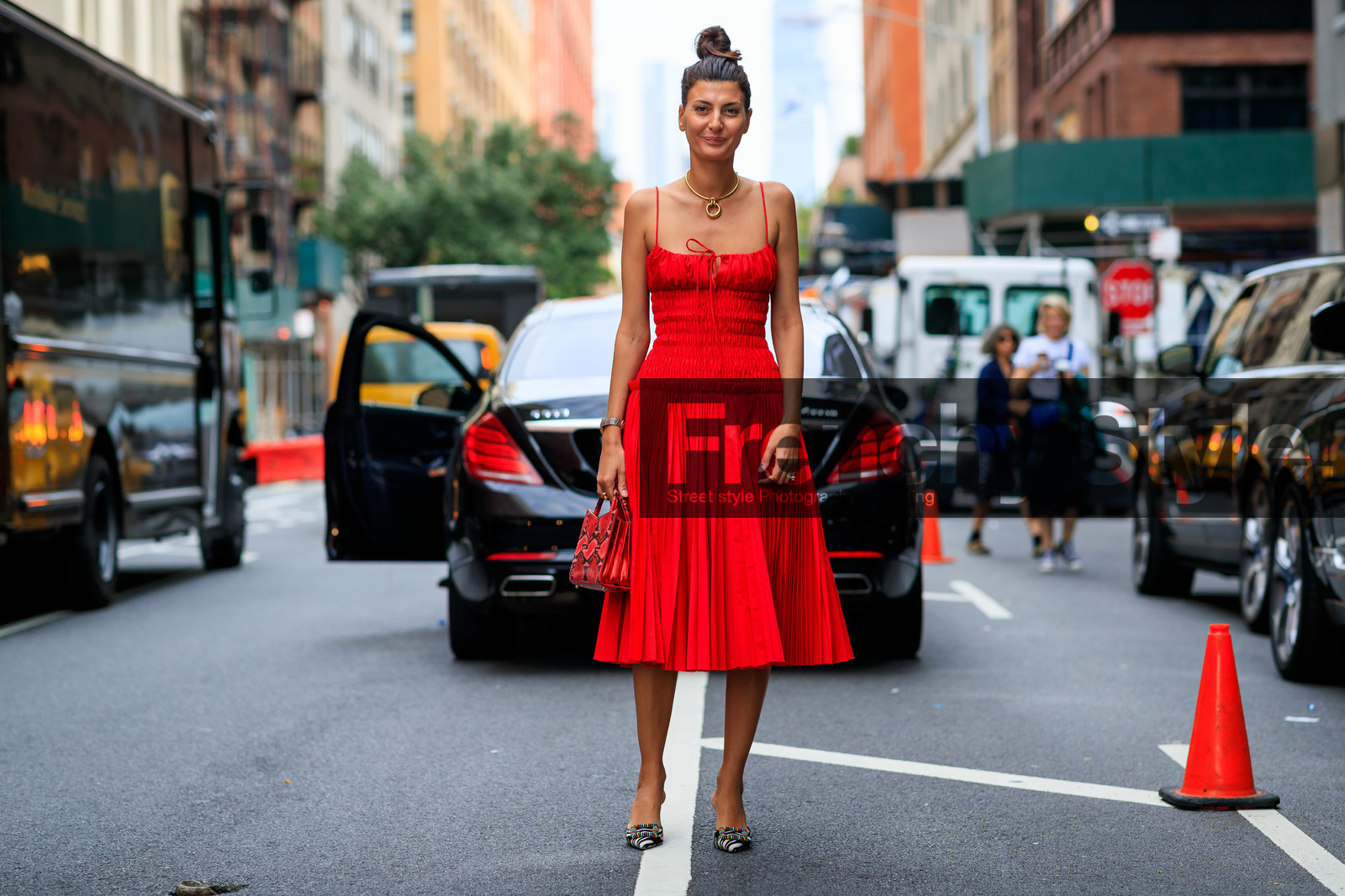 animal print, black and white shoes, black shoes, bun, giovanna battaglia, high heels, leather shoes, necklace, pleated dress, red bag, red dress, snake print, watch, zebra, street style, jonathan paciullo, FW, frenchystyle, fashion week, NEW YORK, NYFW, SPRING SUMMER 2020, SS 20, horizontal, atmosphere details, full length