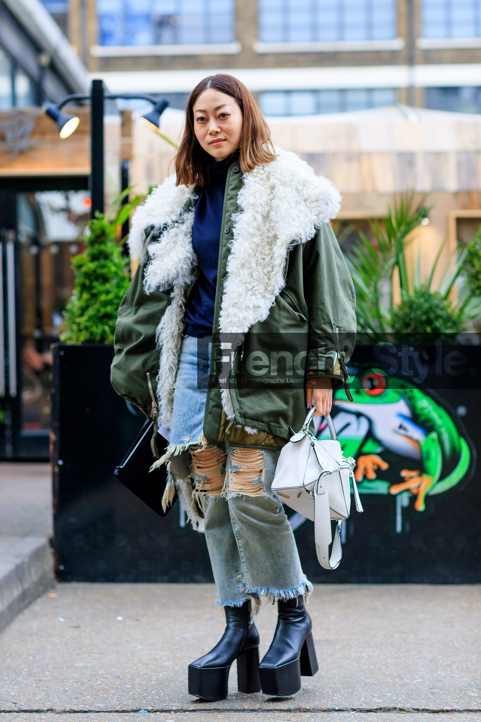AUTUMN WINTER 2017-2018, AW 17-18, balenciaga, black boots, black shoes, blue denim, denim pants, FALL WINTER 2017-2018, fashion week, frenchystyle, full length, fur collar, FW, FW 17-18, green jacket, high heels, jeans, jonathan paciullo, leather bag, leather shoes, LFW, loewe, LONDON, ripped pants, street style, trousers, vertical, white bag, white fur