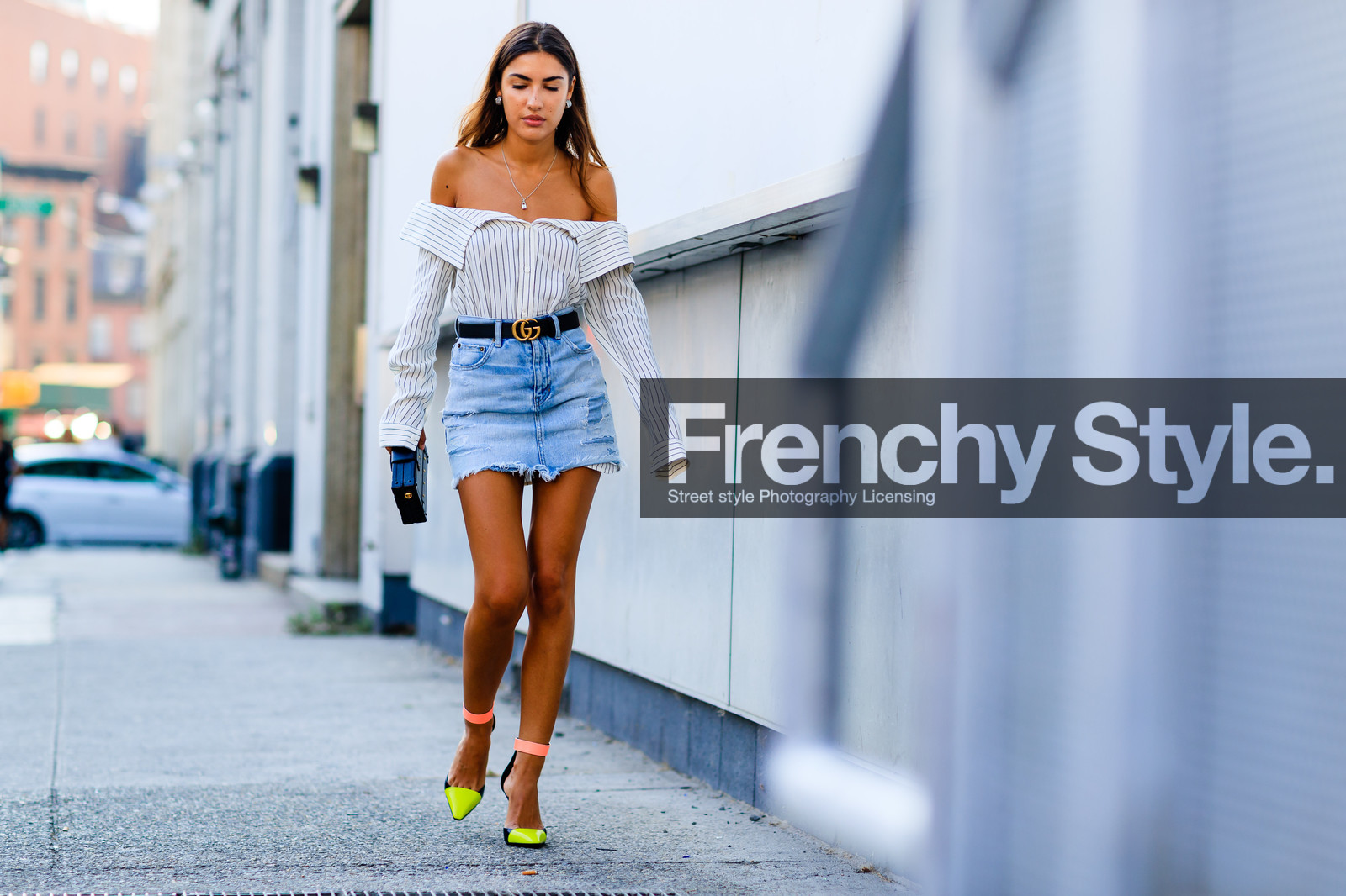 atmosphere details, black bag, black belt, blue denim, bustier top, denim skirt, fashion week, fluo, frenchystyle, full length, FW, graphic shoes, gucci, high heels, horizontal, jonathan paciullo, leather belt, leather clutch, leather shoes, louis vuitton, NEW YORK, NYFW, off the shoulder, patricia manfield, SPRING SUMMER 2017, SS 17, street style, striped shirt, stripes, white shirt, woman