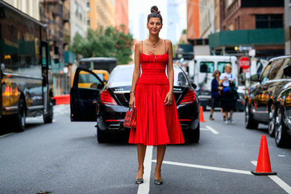 animal print, black and white shoes, black shoes, bun, giovanna battaglia, high heels, leather shoes, necklace, pleated dress, red bag, red dress, snake print, watch, zebra, street style, jonathan paciullo, FW, frenchystyle, fashion week, NEW YORK, NYFW, SPRING SUMMER 2020, SS 20, horizontal, atmosphere details, full length