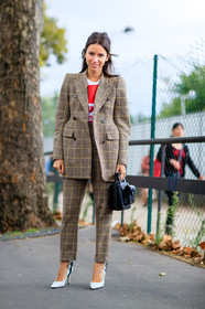balenciaga, black bag, bold shoulders, brown jacket, brown pants, brown suit, checked jacket, checked pants, checked suit, fashion week, frenchystyle, full length, FW, graphic jacket, graphic pants, high heels, jonathan paciullo, leather bag, leather shoes, natasha goldenberg, PARIS, PFW, plaid, printed jacket, printed pants, printed suit, SPRING SUMMER 2017, SS 17, street style, tartan, trousers, vertical, white shoes