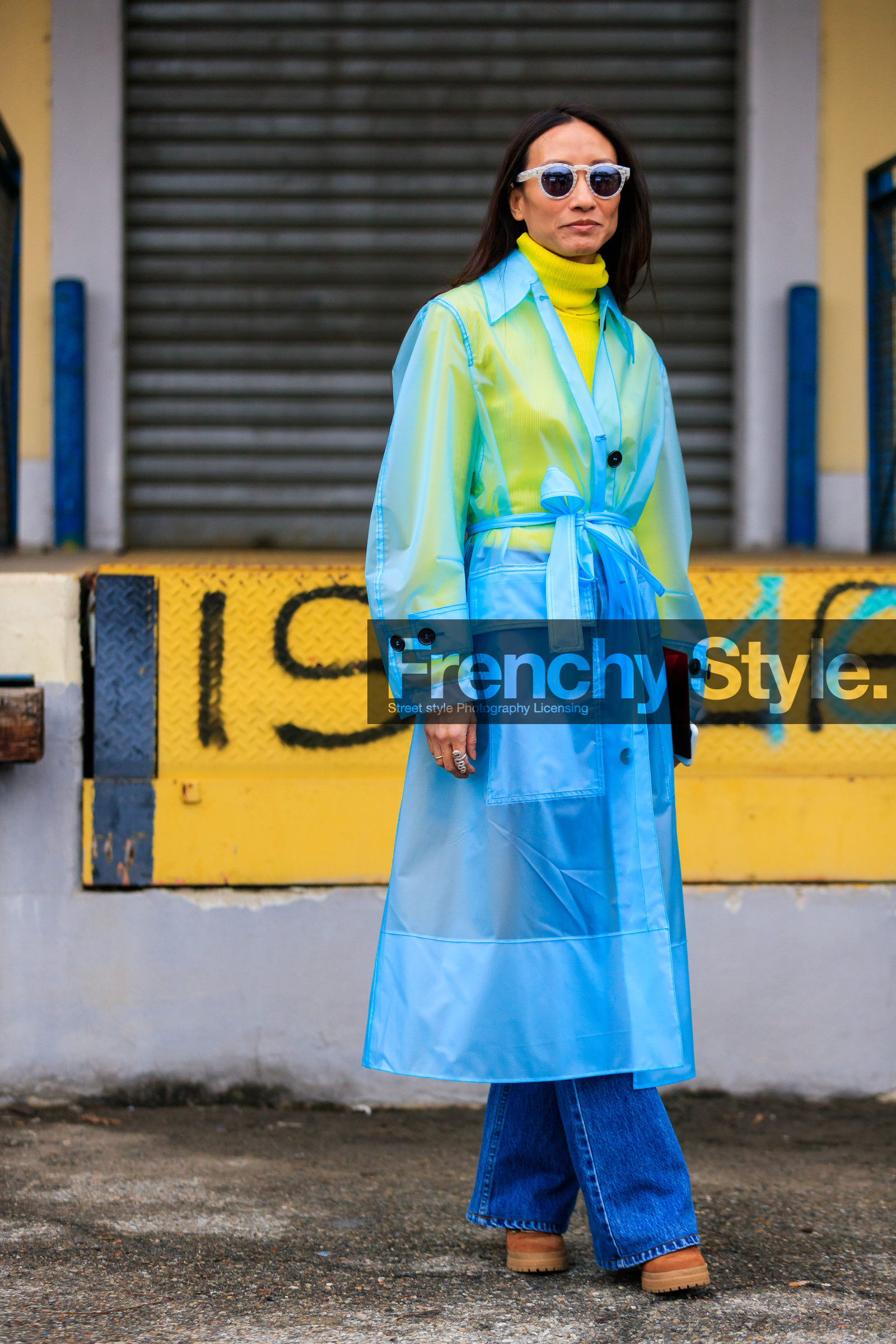 blue coat, blue denim, brown shoes, denim pants, jeans, leather shoes, rain coat, sunglasses, trousers, turtleneck sweater, yellow sweater, fashion week, frenchystyle, FW, jonathan paciullo, street style, MFW, MILAN, AUTUMN WINTER 2018-2019, FALL WINTER 2018-2019, FW 18-19, vertical, full length, elizabeth von der goltz