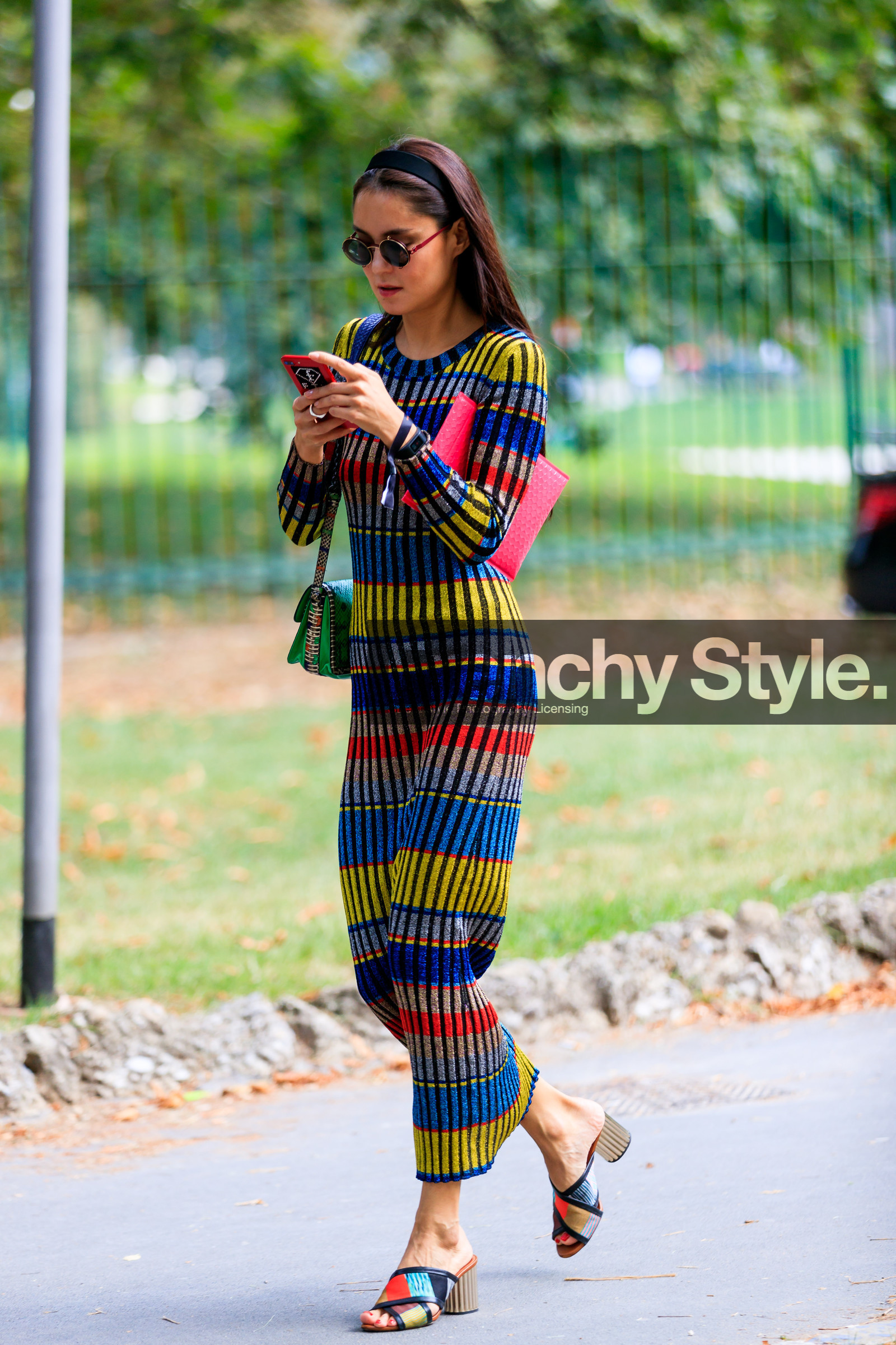 graphic dress, green bag, headband, high heels, knit dress, leather bag, leather shoes, multicolor dress, multicolor shoes, printed dress, striped dress, sunglasses, street style, jonathan paciullo, FW, frenchystyle, fashion week, MFW, MILAN, SPRING SUMMER 2019, SS 19, vertical, full length