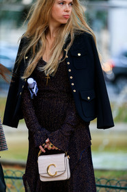 black jacket, lurex dress, long sleeves dress, tight dress, chloe bag, white leather bag, hand bag, animal skin bag, mini bag, golden buckle bag, fashion week, frenchystyle, FW, jonathan paciullo, street style, SPRING SUMMER 2020, SS 20, PFW, PARIS, vertical, atmosphere details, detail