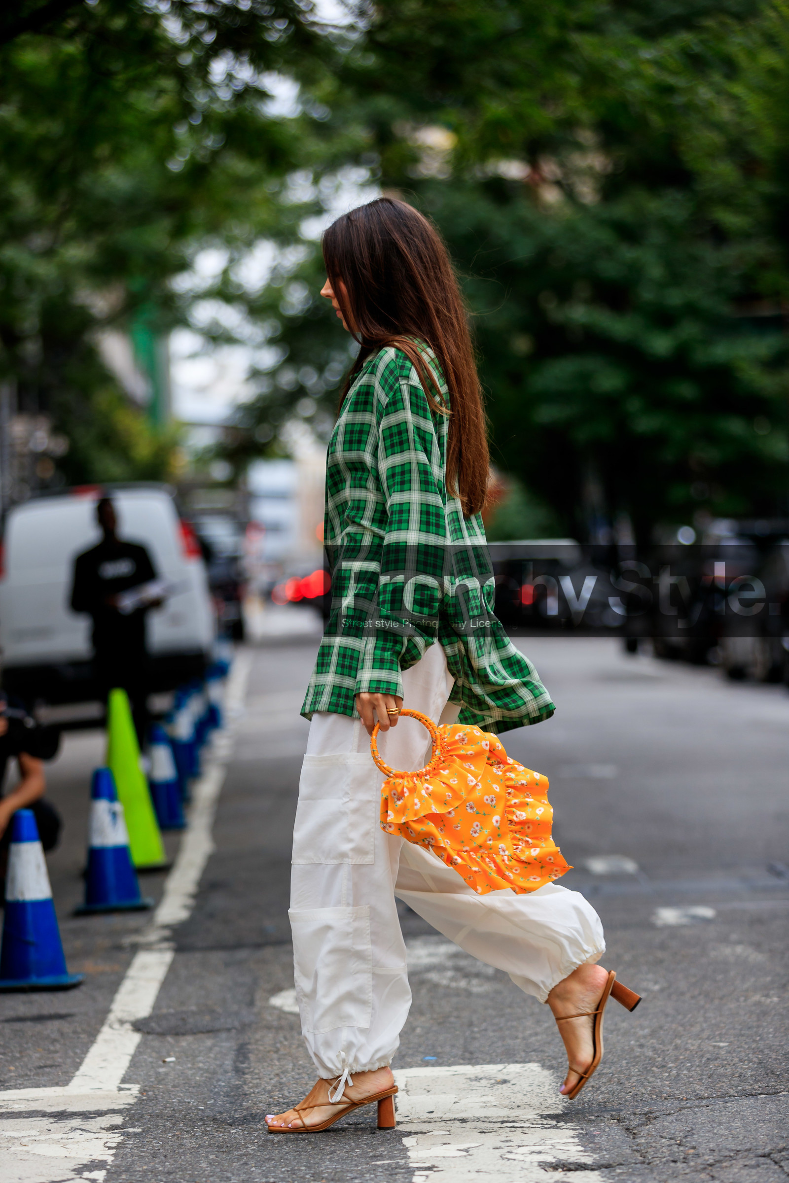 brown shoes, checked, floral, flowers, graphic bag, graphic jacket, graphic shirt, green shirt, high heels, leather shoes, orange bag, plaid, printed bag, printed jacket, printed shirt, trousers, white pants, street style, jonathan paciullo, FW, frenchystyle, fashion week, NEW YORK, NYFW, SPRING SUMMER 2020, SS 20, vertical, full length