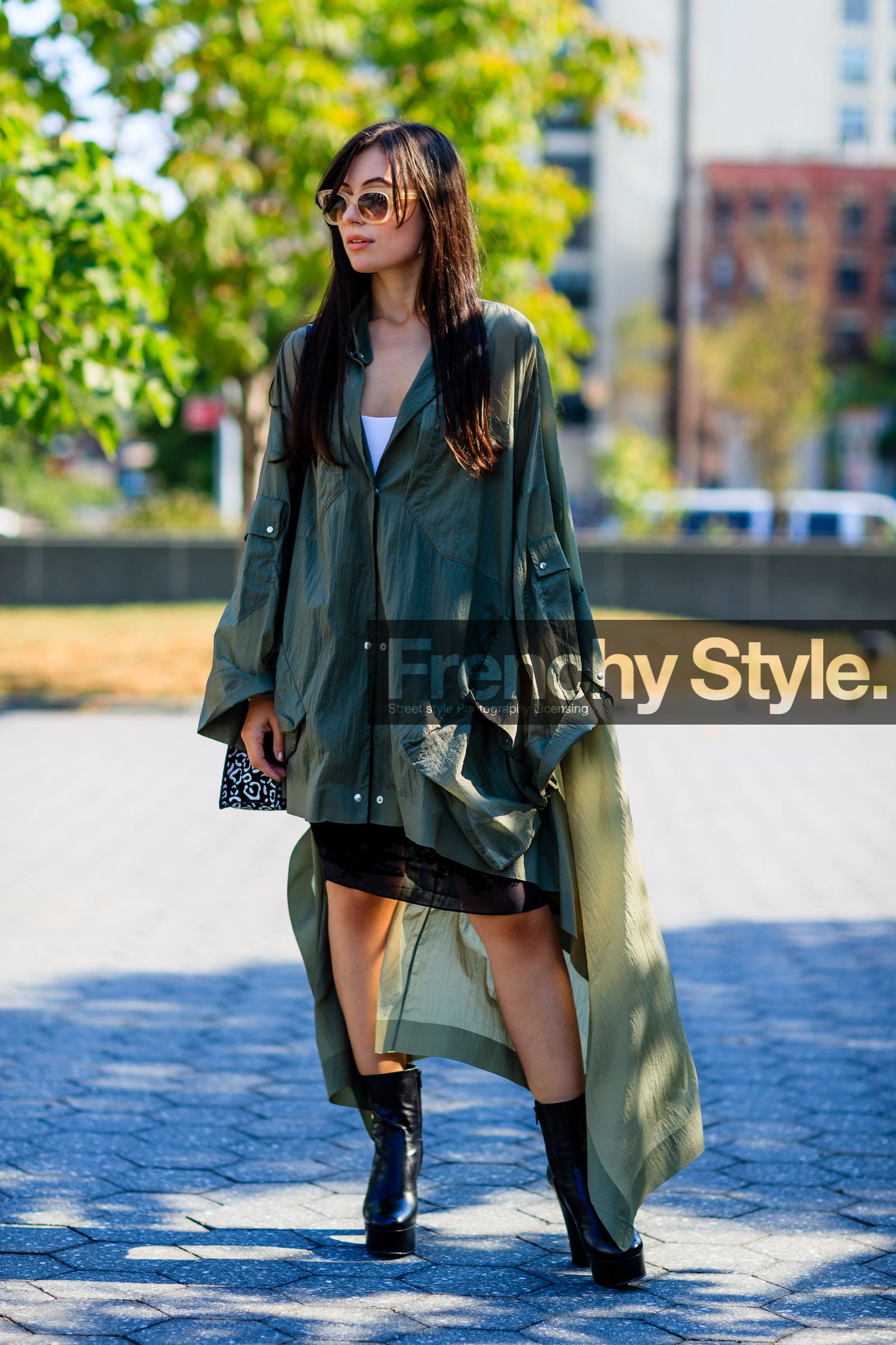 black boots, fashion week, frenchystyle, full length, FW, green coat, green jacket, high heels, jonathan paciullo, leather boots, marta pozan, NEW YORK, NYFW, raincoat, SPRING SUMMER 2017, SS 17, street style, sunglasses, vertical, woman