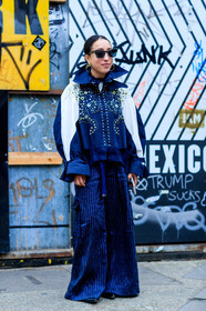 AUTUMN WINTER 2017-2018, AW 17-18, blue jacket, blue pants, embroidered jacket, embroideries, FALL WINTER 2017-2018, fashion week, frenchystyle, full length, FW, FW 17-18, graphic jacket, jonathan paciullo, LFW, LONDON, street style, striped pants, studs, sunglasses, trousers, vertical, wide pants