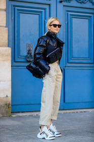 beige pants, black bag, black jacket, down jacket, fanny pack, leather bag, leather shoes, louis vuitton, moncler, sunglasses, trousers, white sneakers, street style, jonathan paciullo, FW, frenchystyle, fashion week, PFW, PARIS, AUTUMN WINTER 2018-2019, FALL WINTER 2018-2019, FW 18-19, vertical, full length, caro daur