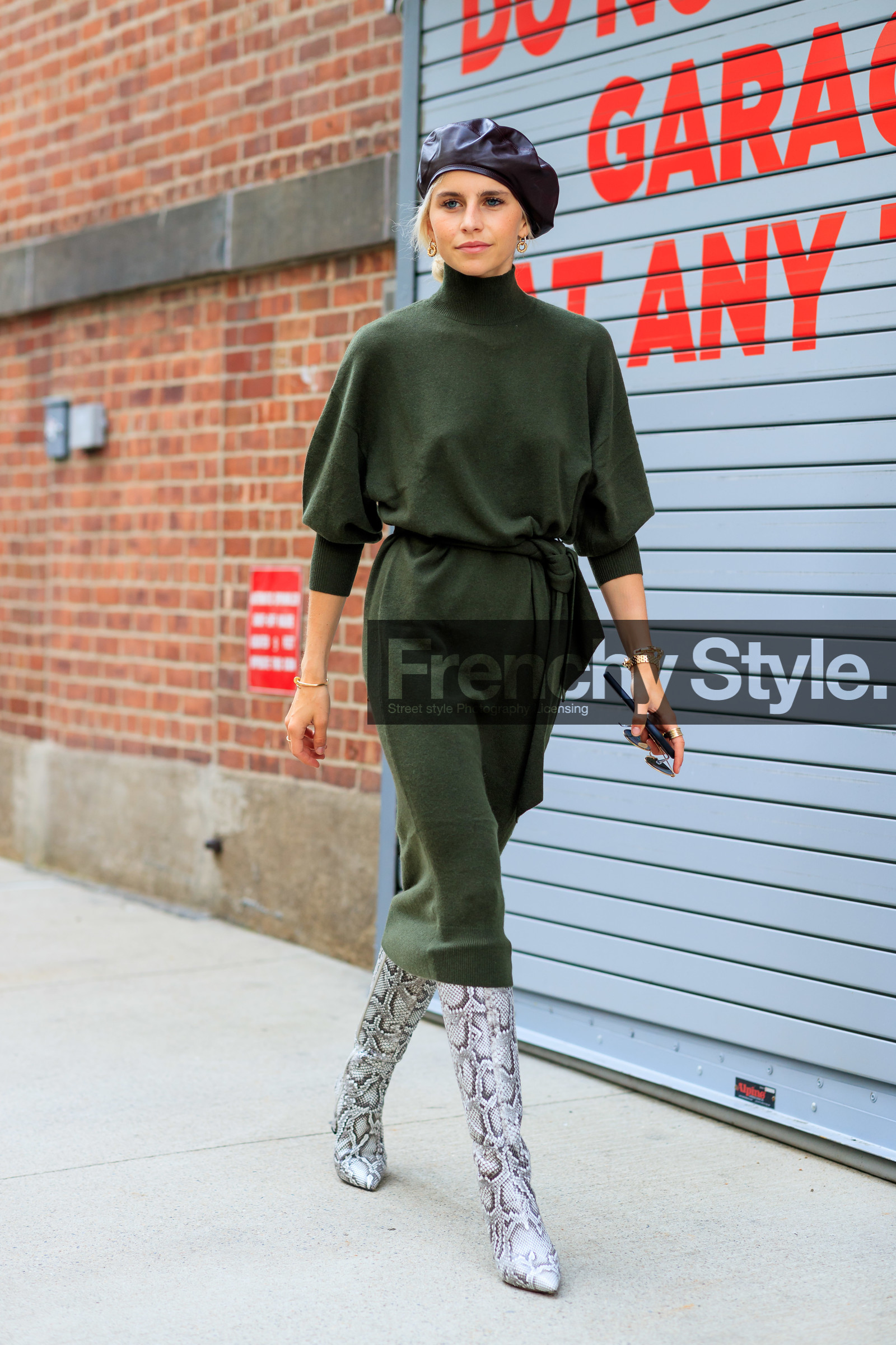 animal print, beret, caro daur, graphic shoes, green dress, grey boots, high boots, high heels, leather shoes, printed shoes, snake print, trousers, turtleneck sweater, street style, jonathan paciullo, FW, frenchystyle, fashion week, NEW YORK, NYFW, SPRING SUMMER 2020, SS 20, vertical, full length