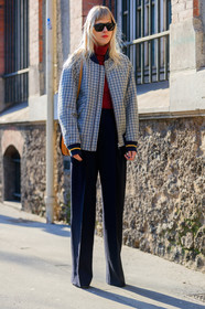checked, graphic jacket, grey jacket, lacoste, navy pants, plaid, printed jacket, red sweater, sunglasses, teddy jacket, trousers, turtleneck sweater, street style, jonathan paciullo, FW, frenchystyle, fashion week, PFW, PARIS, AUTUMN WINTER 2018-2019, FALL WINTER 2018-2019, FW 18-19, vertical, full length, linda tol