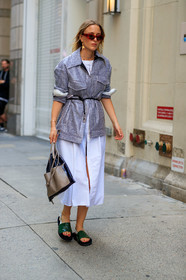 beige bag, black and white, black bag, black belt, black jacket, green shoes, houndstooth pattern, leather bag, leather shoes, sunglasses, white dress, street style, jonathan paciullo, FW, frenchystyle, fashion week, NEW YORK, NYFW, SPRING SUMMER 2020, SS 20, vertical, full length