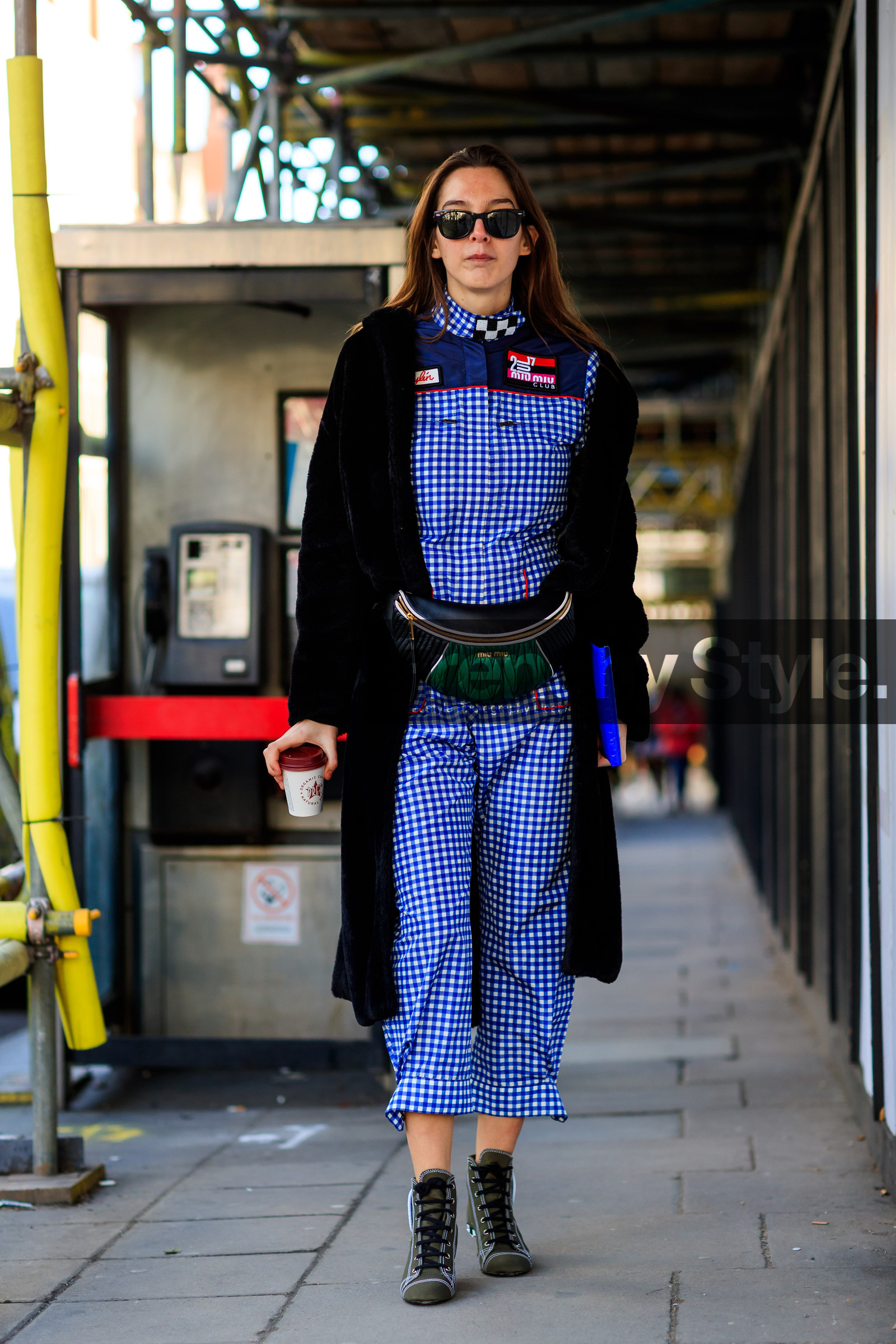 black fur coat, blue jumpsuit, check jumpsuit, checked, fanny pack, gingham, graphic jumpsuit, graphic pants, green bag, green boots, high heels, leather bag, leather shoes, miu miu, off the shoulder, plaid, printed jumpsuit, printed pants, printed shoes, sunglasses, trousers, fashion week, frenchystyle, FW, jonathan paciullo, street style, LFW, LONDON, AUTUMN WINTER 2018-2019, AW 18-19, FALL WINTER 2018-2019, FW 18-19, vertical, full length, estelle pigault