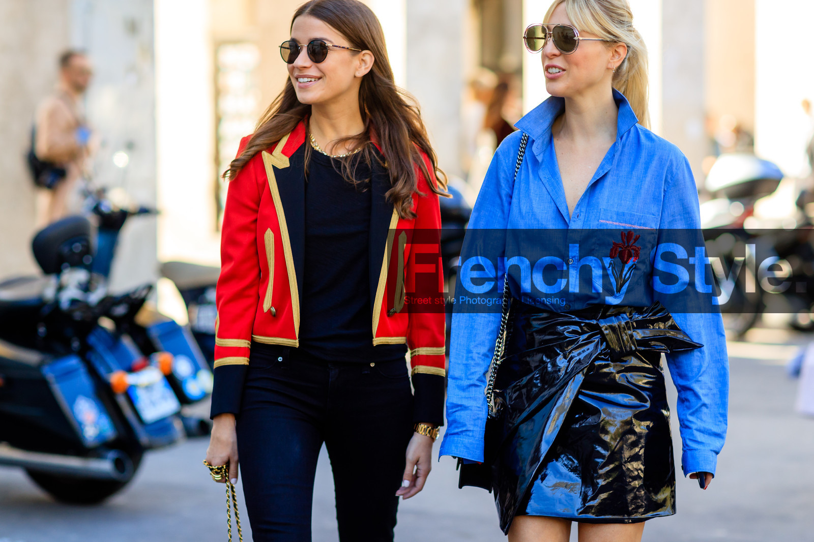 amanda weiner, atmosphere details, black denim, black skirt, blue shirt, denim pants, detail, embroidered jacket, embroidered shirt, fashion week, flower, frenchystyle, FW, golden details, horizontal, jeans, jonathan paciullo, kerry pieri, leather skirt, PARIS, PFW, red jacket, SPRING SUMMER 2017, SS 17, street style, sunglasses, trousers, varnished leather