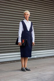 apron dress, black dress, black pouch, blue earrings, flame, leather loafers, leather pouch, mocassins, silver mocassins, white shirt, fashion week, frenchystyle, FW, jonathan paciullo, street style, MFW, MILAN, SPRING SUMMER 2022, SS 22, vertical, full length