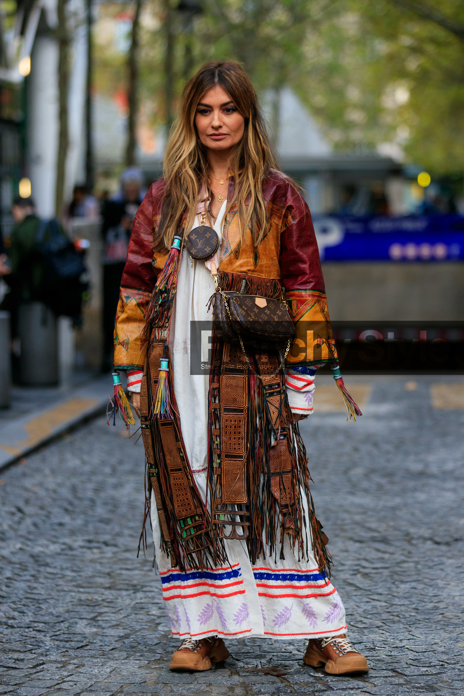 ethnic jacket, camel leather jacket, burgundy leather jacket, fringe jacket, long jacket, louis vuitton bag, monogrammed bag, crossbody bag, mini bag, round shape bag, white dress, long dress, embroidered dress, camel suede shoes, laced shoes, hiking boots, fashion week, frenchystyle, FW, jonathan paciullo, street style, SPRING SUMMER 2020, SS 20, PFW, PARIS, vertical, full length