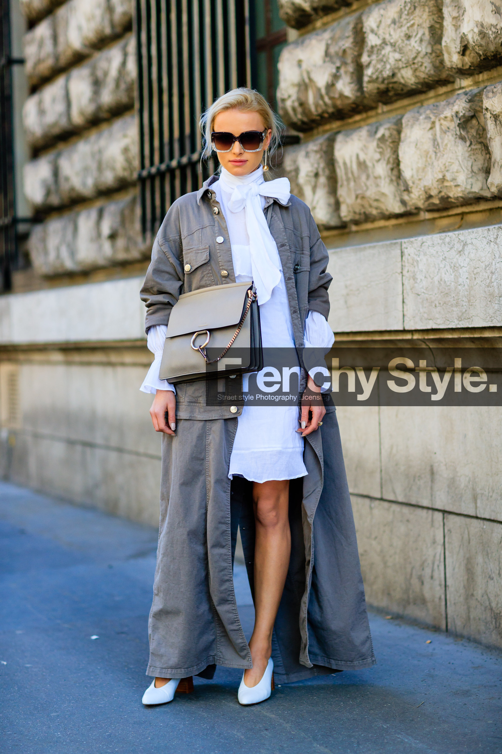bow collar, caroline daur, chloe, denim coat, fashion week, frenchystyle, full length, FW, grey bag, grey coat, grey denim, jonathan paciullo, leather bag, leather shoes, long coat, PARIS, PFW, SPRING SUMMER 2017, SS 17, street style, sunglasses, vertical, white dress, white shoes