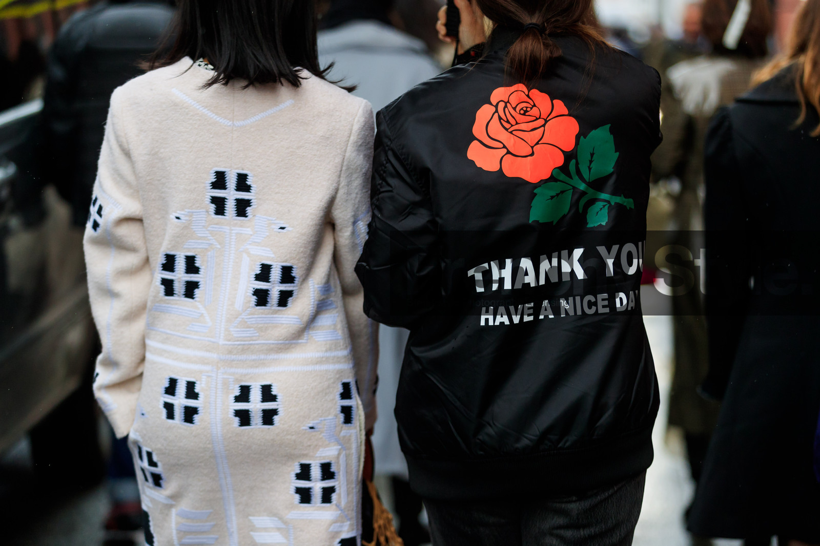 black jacket, embroidered coat, floral, flower, graphic jacket, message, printed jacket, white coat, street style, jonathan paciullo, FW, frenchystyle, fashion week, PFW, PARIS, AUTUMN WINTER 2018-2019, FALL WINTER 2018-2019, FW 18-19, horizontal, atmosphere details