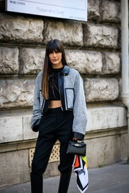 grey bomber jacket, black top, mini birkin bag, black bag, black trousers, black boots, hermes boots, printed scarf, white scarf, black top, fringe, mini bag, leia sfez, street style, jonathan paciullo, FW, frenchystyle, fashion week, AUTUMN WINTER 2022-2023, FALL WINTER 2022_2023, FW 22-23, PFW, PARIS, vertical, detail