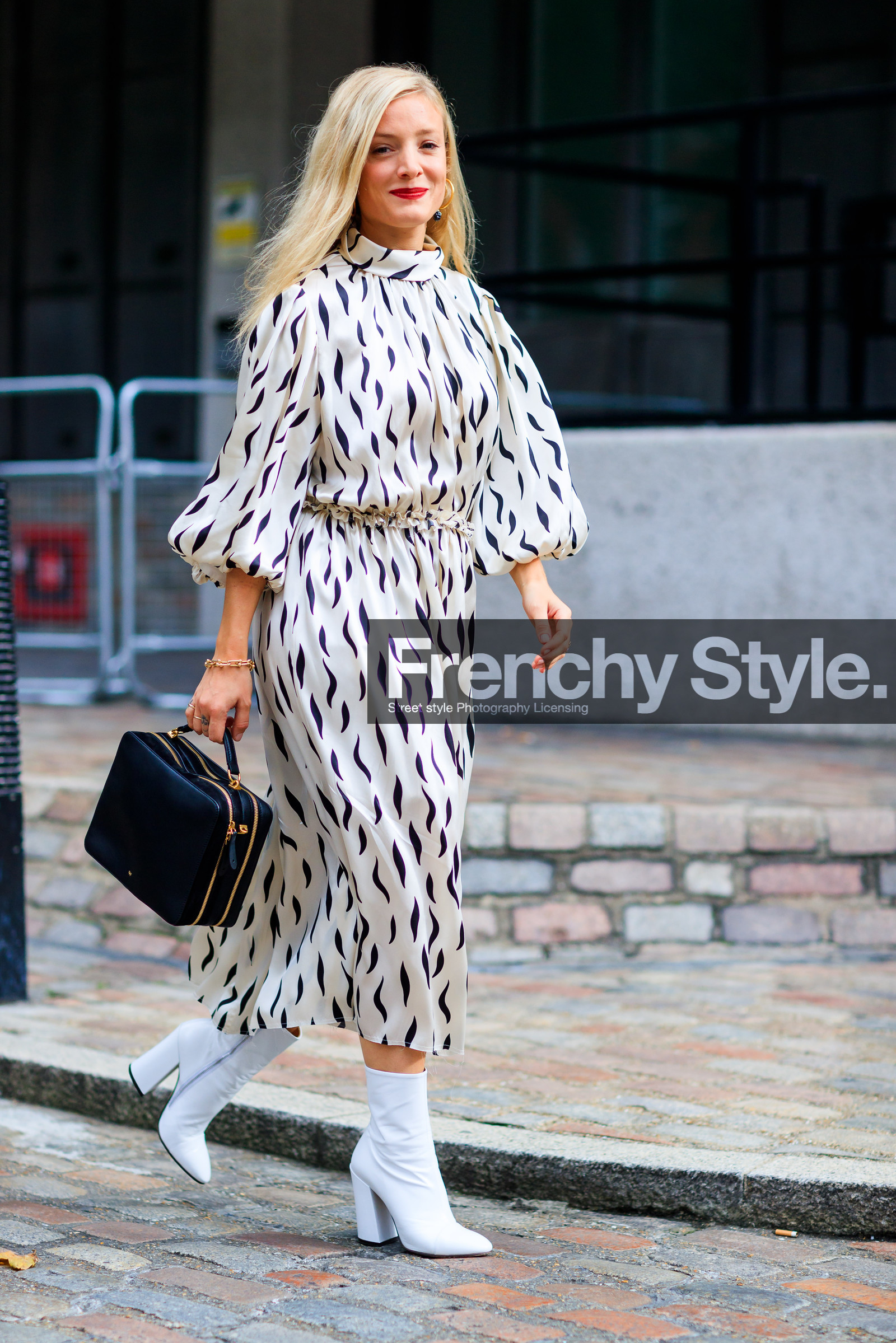 black and white, black bag, fashion week, frenchystyle, full length, FW, graphic dress, high heels, jonathan paciullo, kate foley, leather bag, leather shoes, LFW, LONDON, printed dress, SPRING SUMMER 2018, SS 18, street style, vertical, white boots, white dress