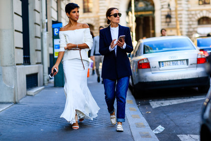 atmosphere details, blazer, blue denim, brown belt, deena abdulaziz, denim pants, fashion week, frenchystyle, full length, FW, horizontal, jeans, jonathan paciullo, leather belt, leather shoes, navy jacket, off the shoulder, PARIS, PFW, SPRING SUMMER 2017, SS 17, street style, sunglasses, trousers, white sandals, white shoes, white skirt, white top